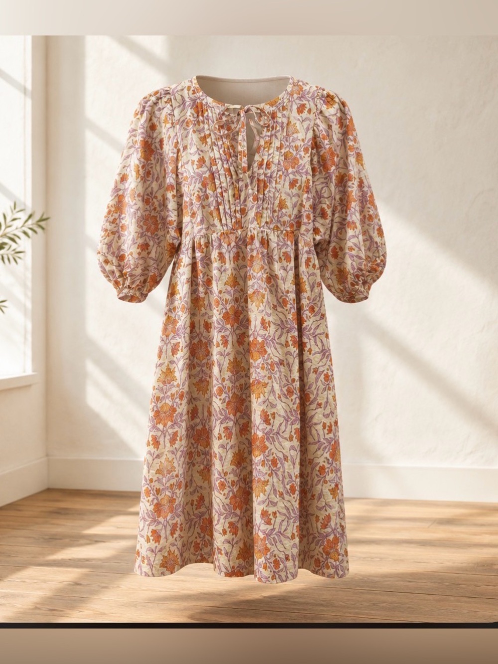 Universal Thread Cream Floral Midi Dress with Orange and Purple Accents